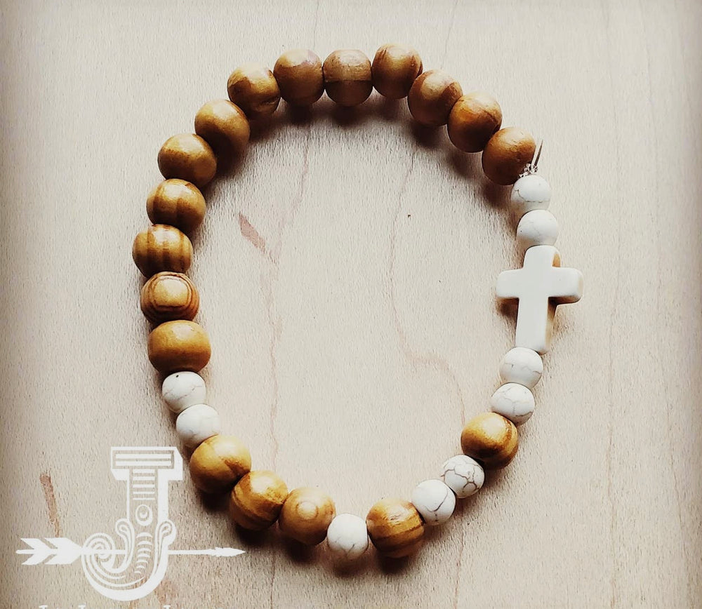 Wood & White Turquoise Beaded Cross Bracelet