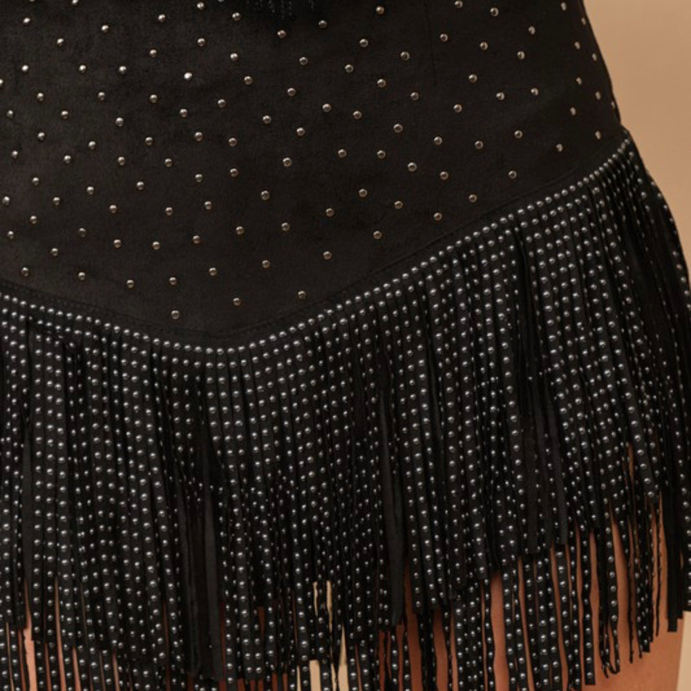 
                      
                        Studded Suede Fringe Mini Skirt
                      
                    