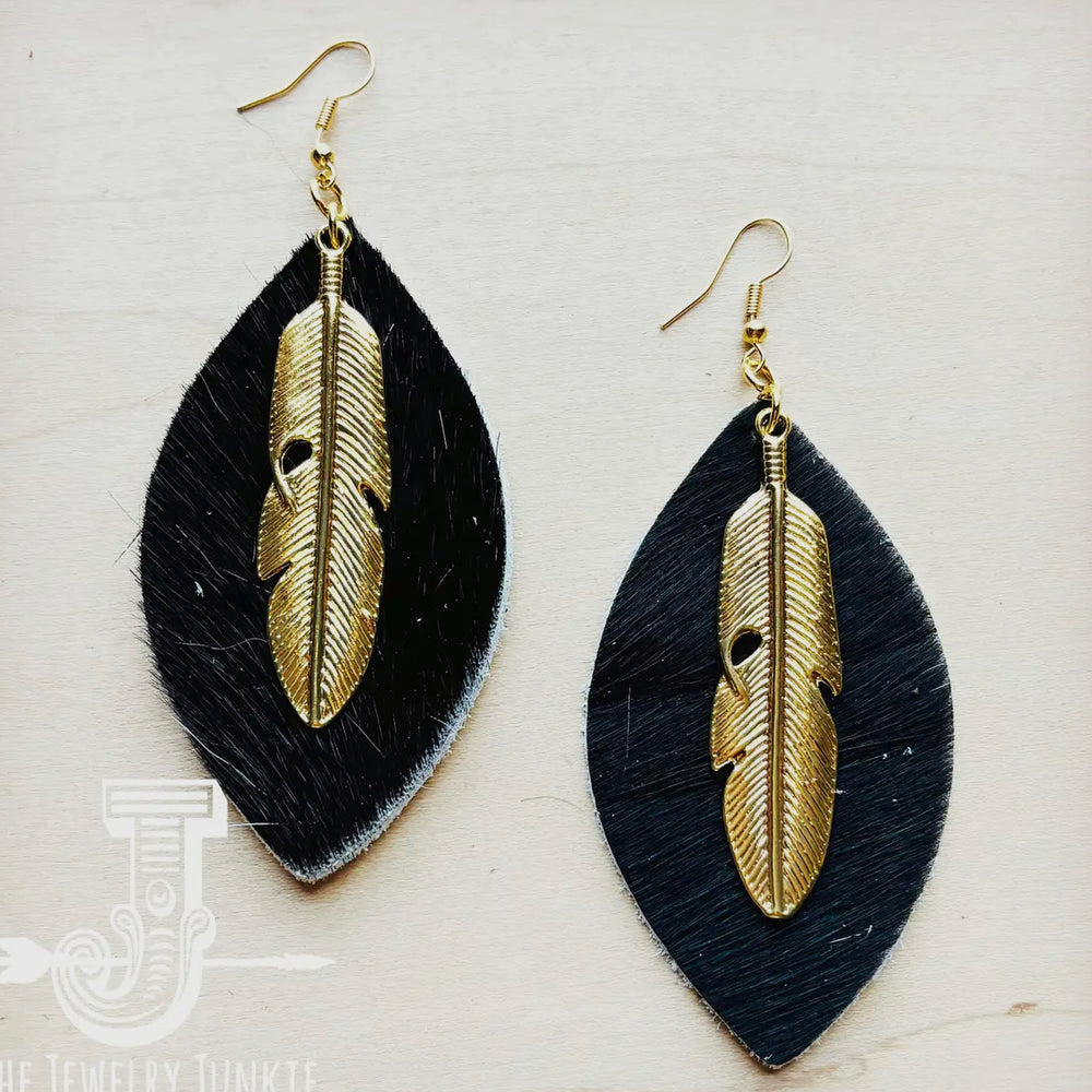 Black Hair On Hide Leather Oval Earrings w/ Gold Feather