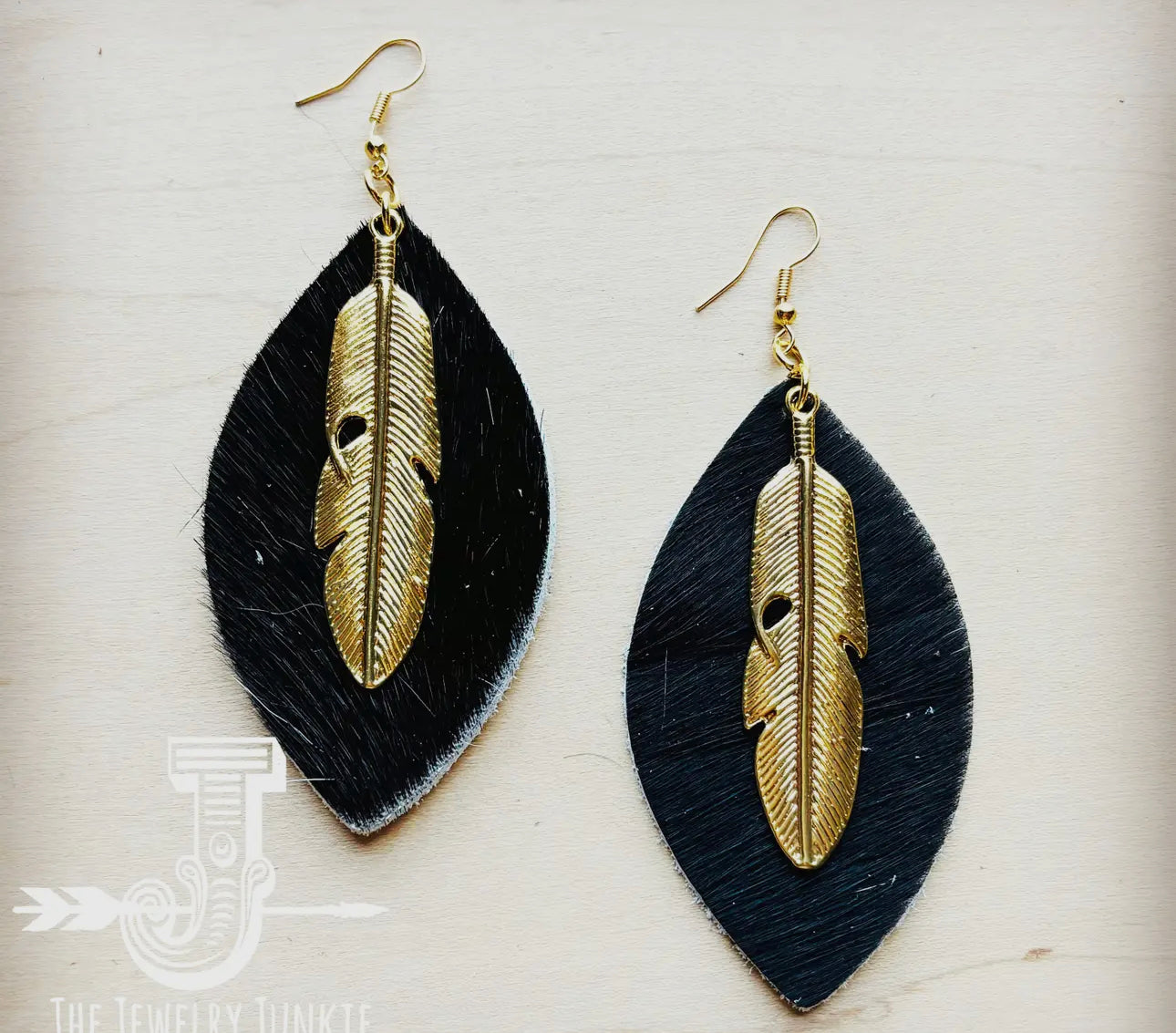 Black Hair On Hide Leather Oval Earrings w/ Gold Feather