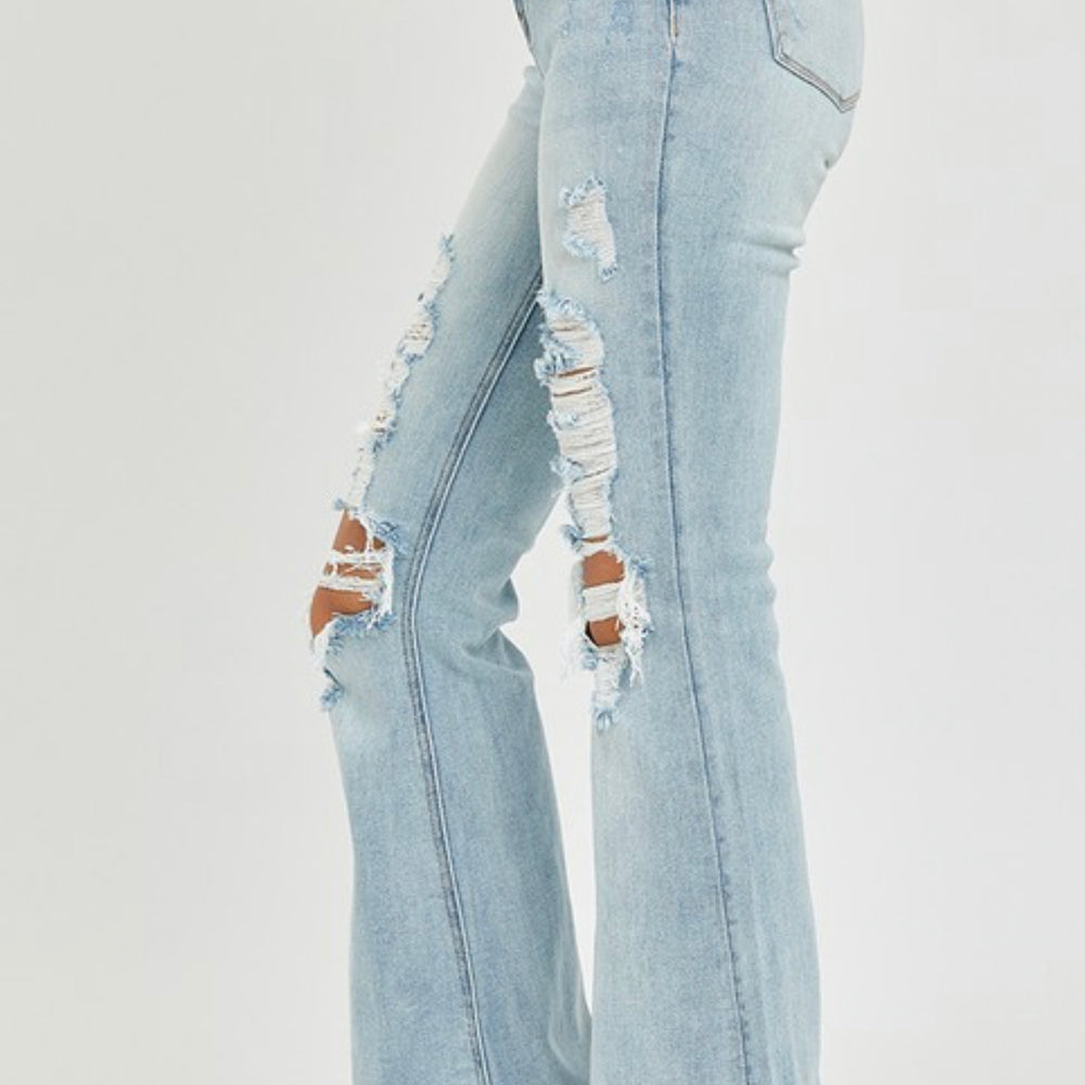 
                      
                        High Rise Distressed Light Wash Flare Jean
                      
                    