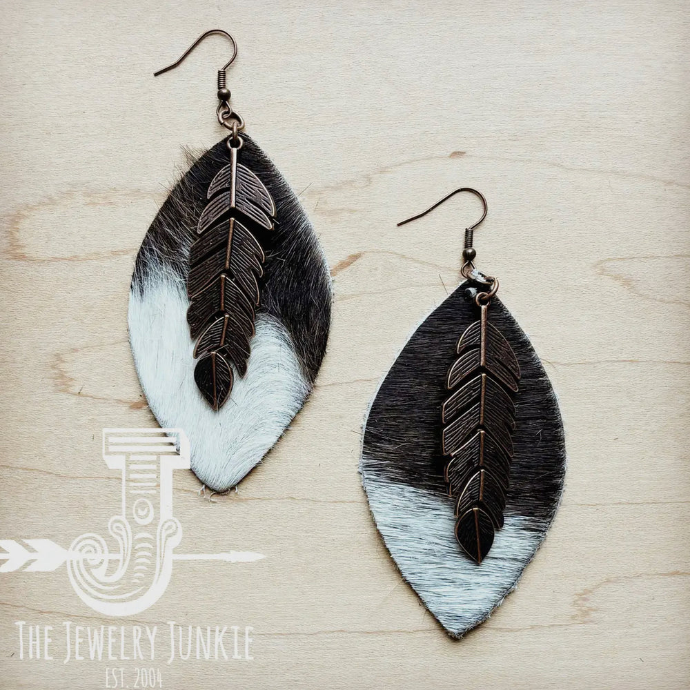 Black & Whitw Hair On Hide Leather Oval Earrings w/ Copper Feather