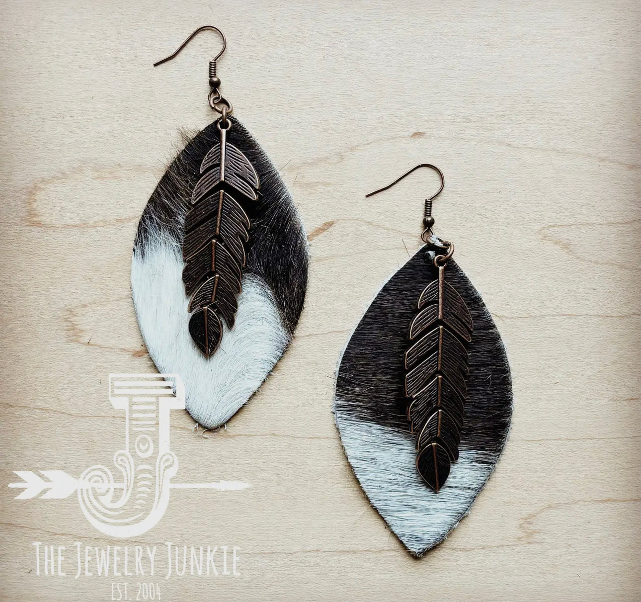 Black & White Hair On Hide Leather Oval Earrings w/ Copper Feather