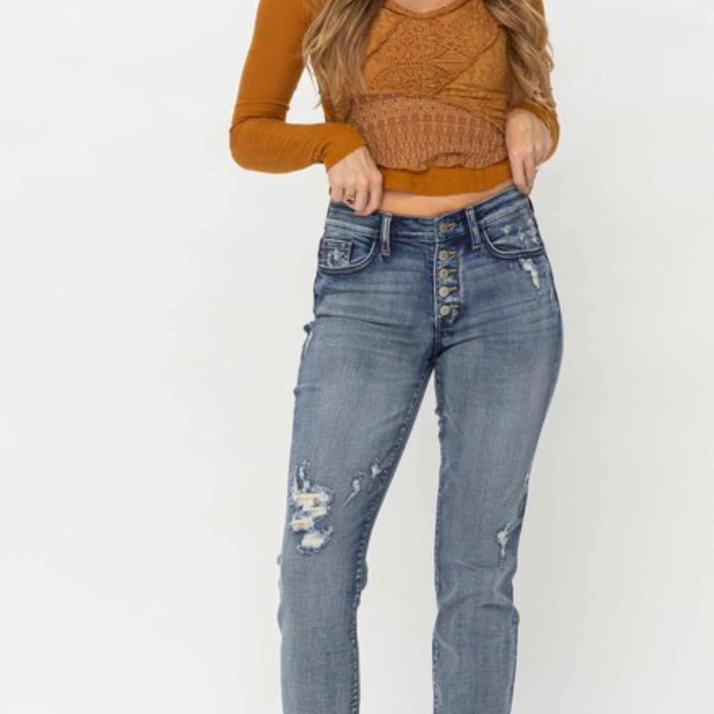 
                      
                        Mid Rise Button Fly Distressed Boyfriend Jean
                      
                    