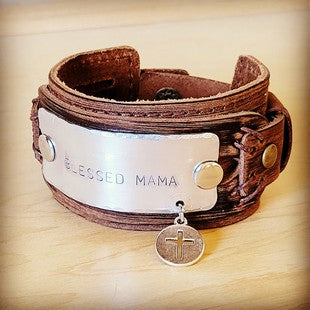 Blessed Mama Stamped Leather Cuff