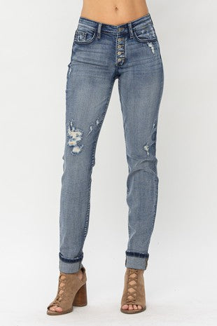 Mid Rise Button Fly Distressed Boyfriend Jean