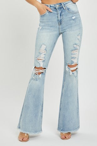 High Rise Distressed Light Wash Flare Jean