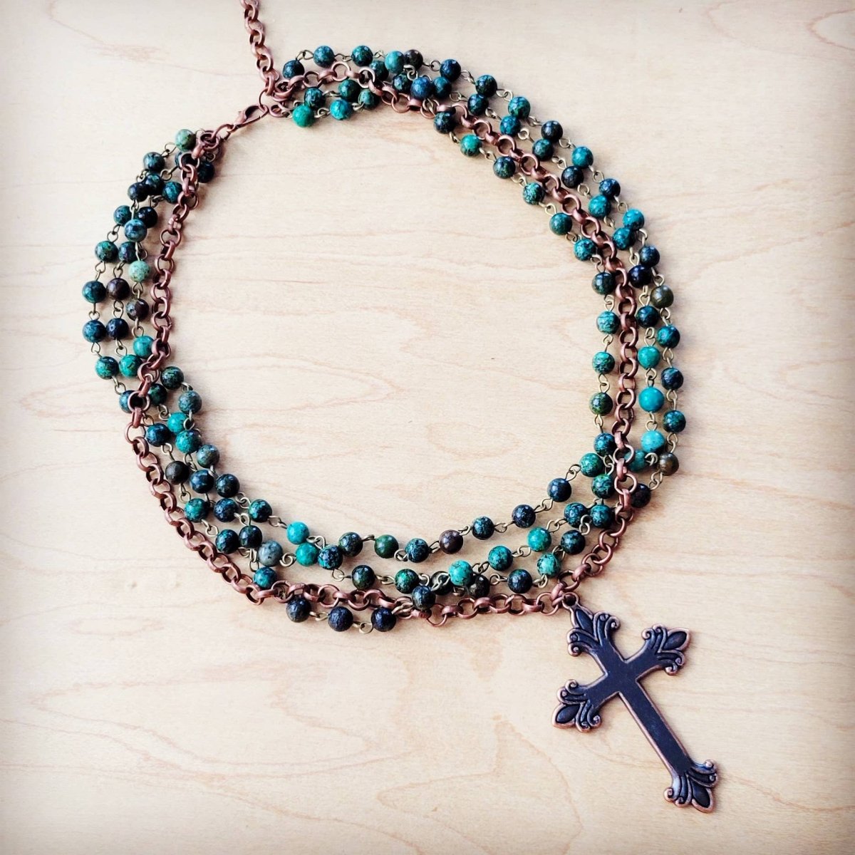 African Turquoise Beaded Collar Necklace With Cross - Painted Aces Boutique