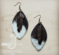 Black & White Hair On Hide Leather Oval Earrings w/ Copper Feather - Painted Aces Boutique