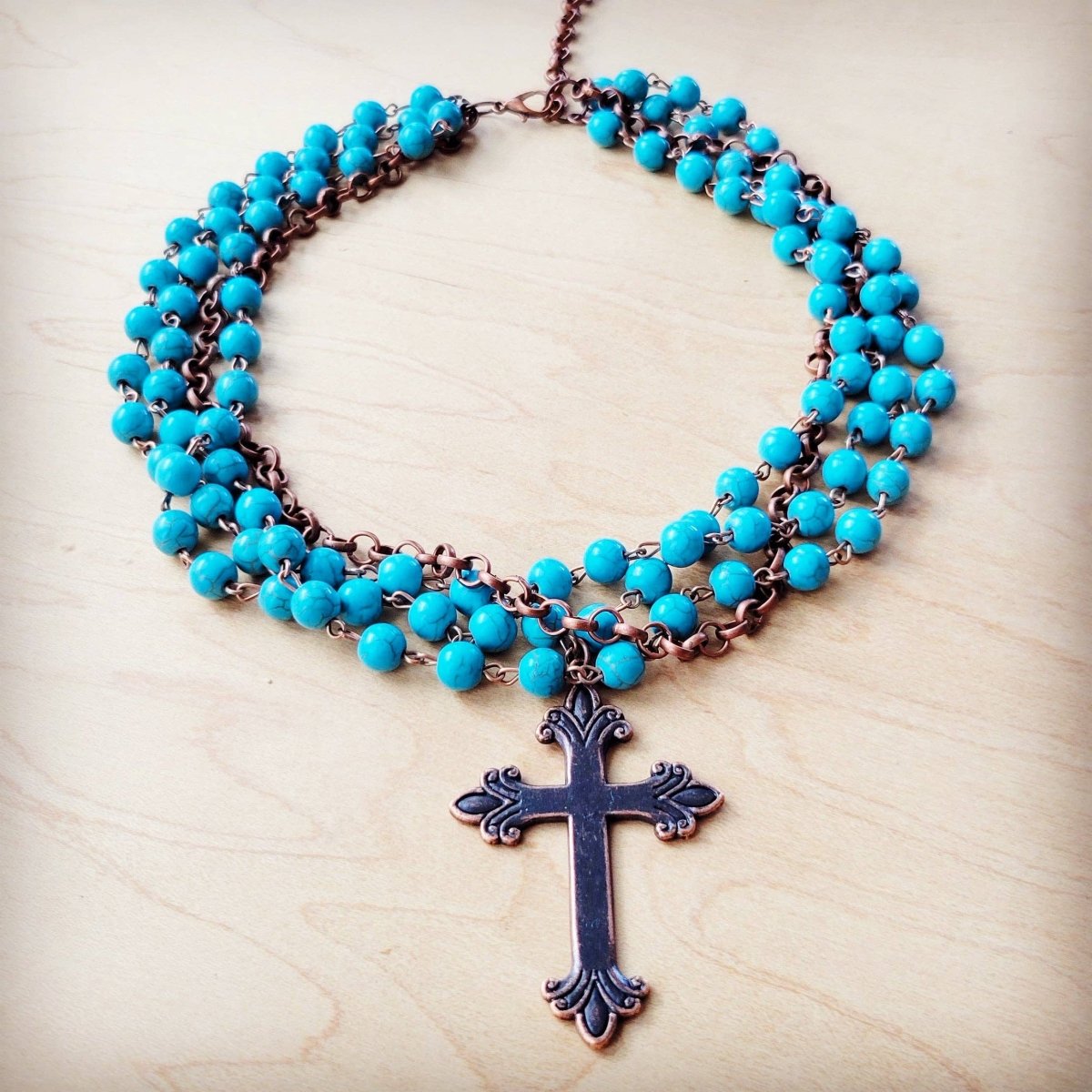 Blue Turquoise Beaded Collar Necklace w/ Cross - Painted Aces Boutique