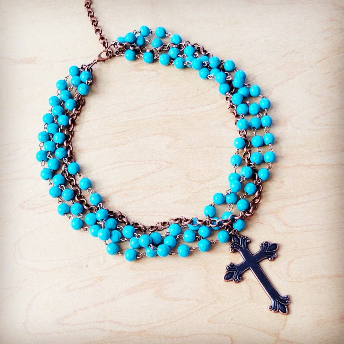 Blue Turquoise Beaded Collar Necklace w/ Cross - Painted Aces Boutique