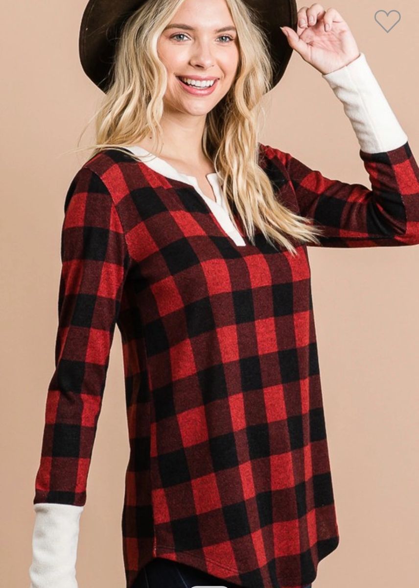 Buffalo Plaid Vneck top - Painted Aces Boutique