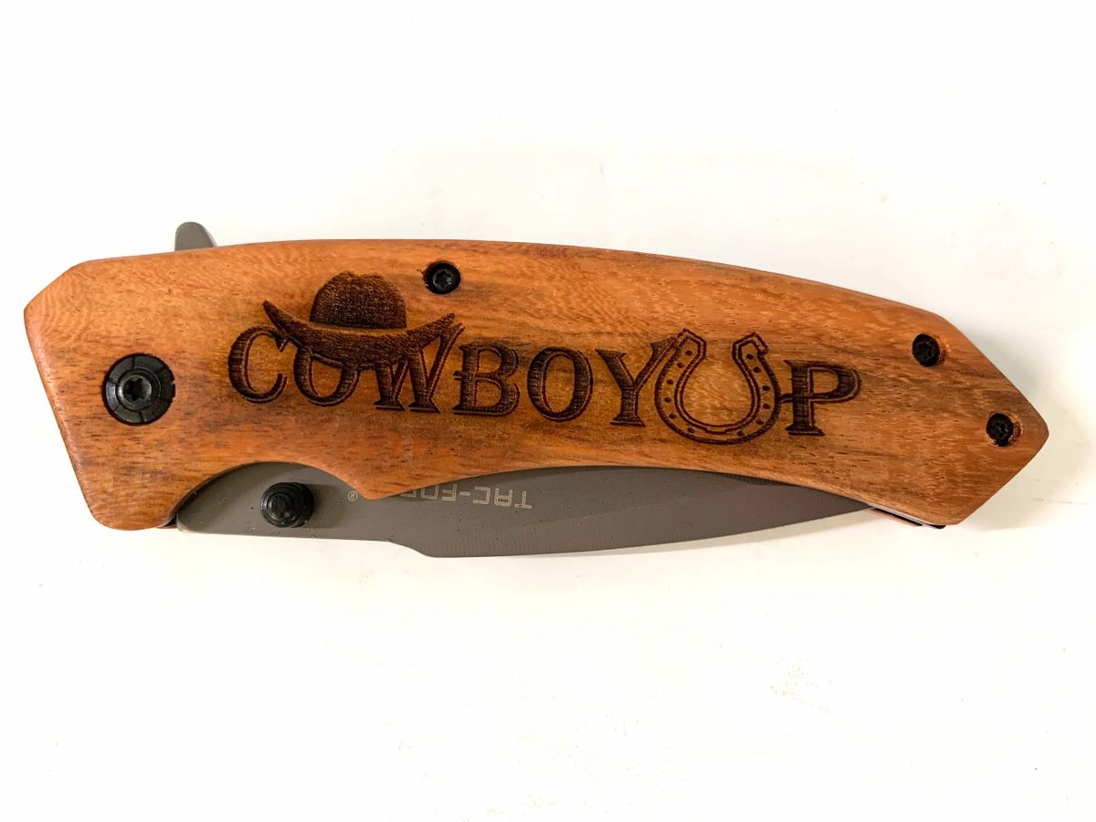 Cowboy Up laser engraved pocket knife - Painted Aces Boutique