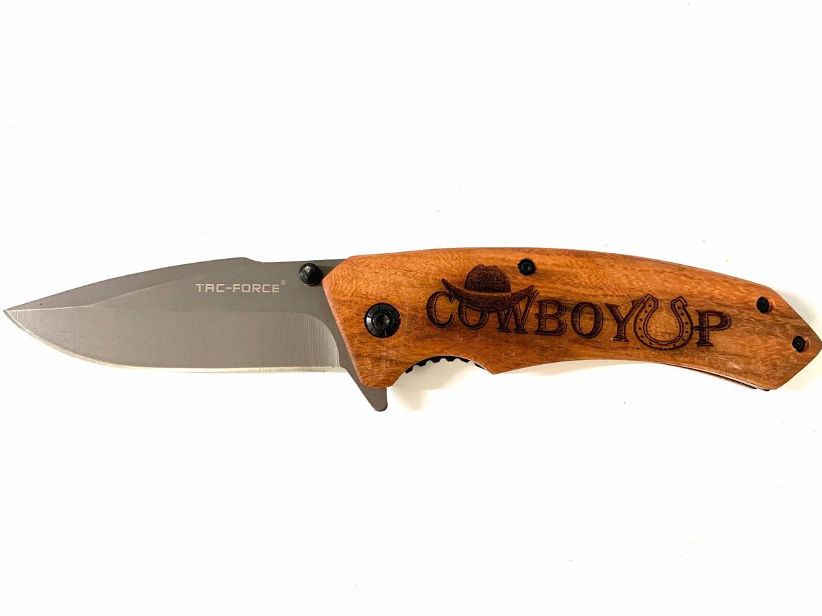 Cowboy Up laser engraved pocket knife - Painted Aces Boutique