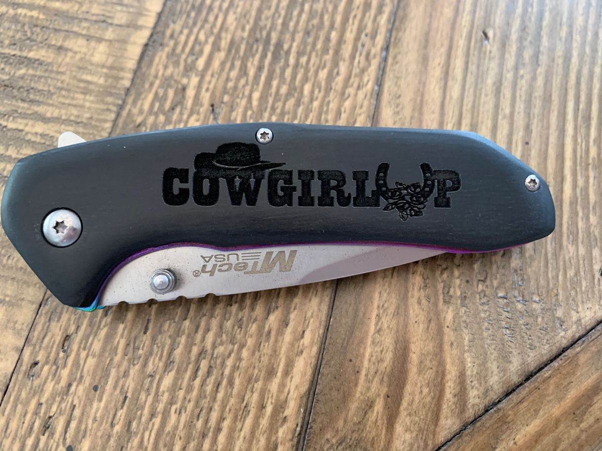 Cowgirl Up laser engraved pocket knife - Painted Aces Boutique