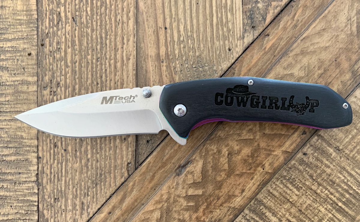 Cowgirl Up laser engraved pocket knife - Painted Aces Boutique