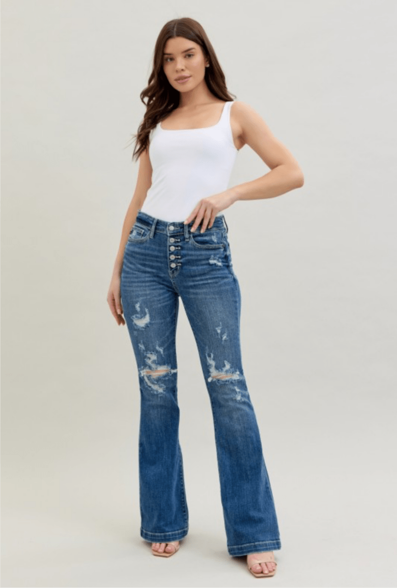 Distressed Hi Rise Button Fly Flare Jean - Painted Aces Boutique