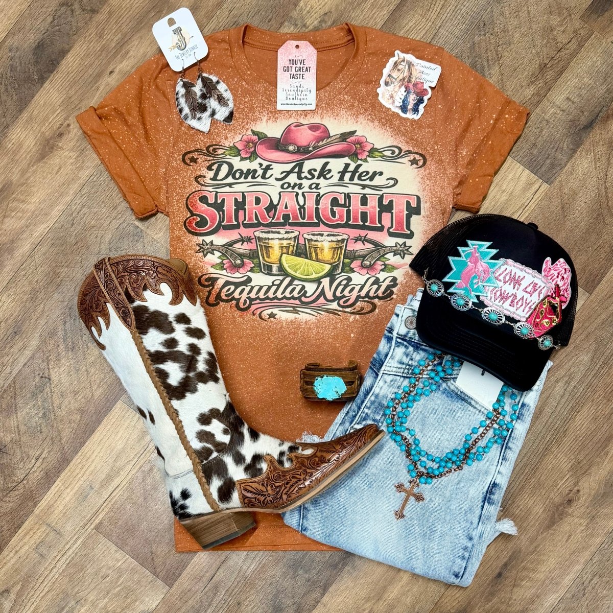 Don’t Ask Her On A Straight Tequila Night | Boot Scootin’ Graphic T-Shirt - Painted Aces Boutique