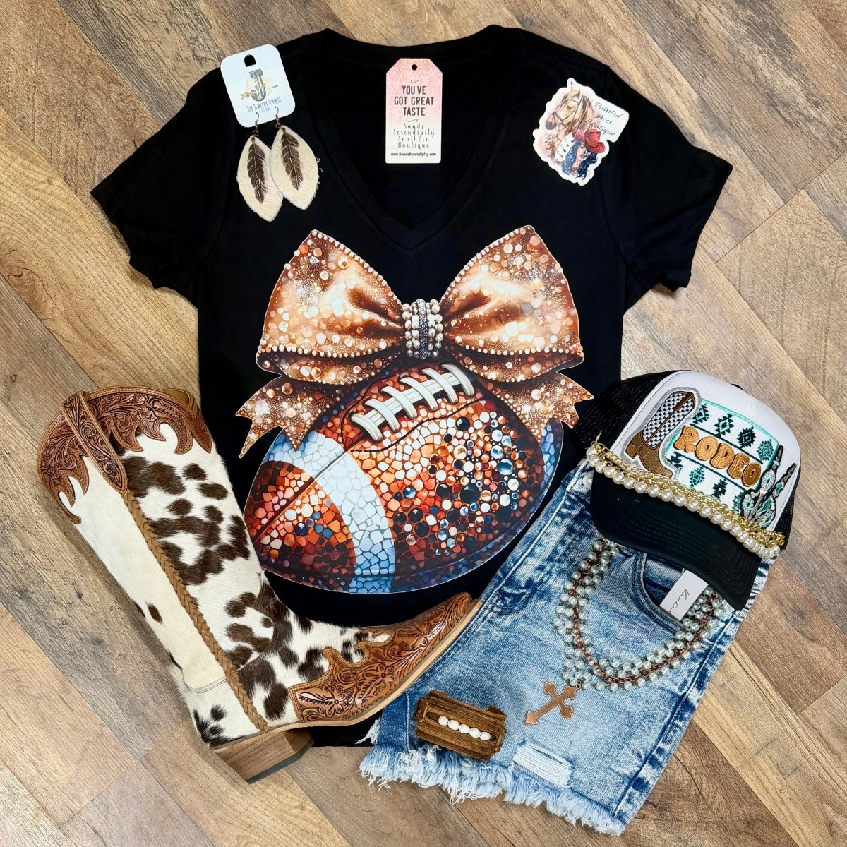 Football & Glitter | Western V-Neck Graphic T-Shirt - Painted Aces Boutique