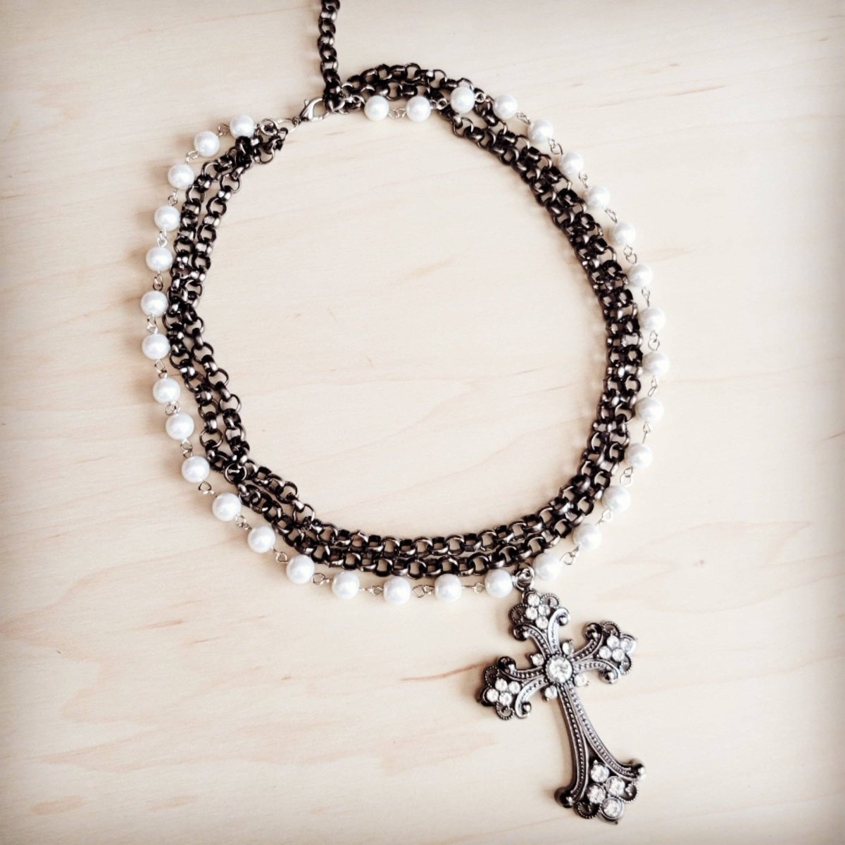 Gunmetal and Pearl Beaded Collar Necklace w/ Cross - Painted Aces Boutique