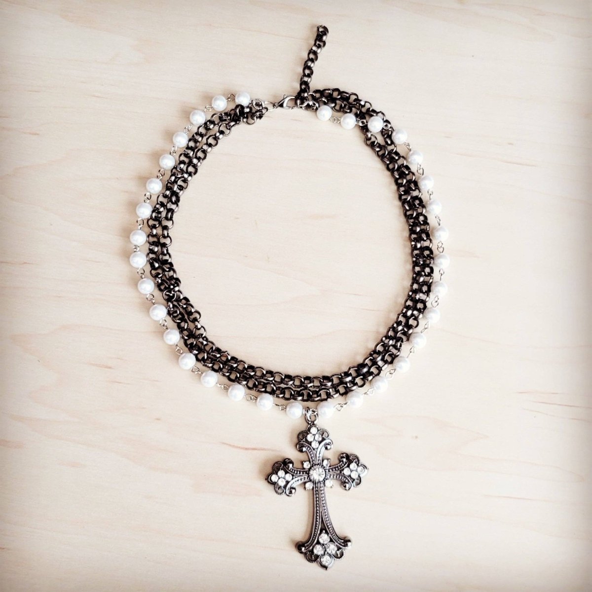 Gunmetal and Pearl Beaded Collar Necklace w/ Cross - Painted Aces Boutique