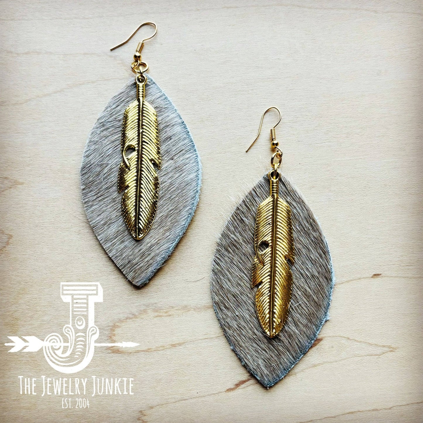 Hair Hide Leather Oval Earrings Tan w/ Gold Feather 219r - Painted Aces Boutique