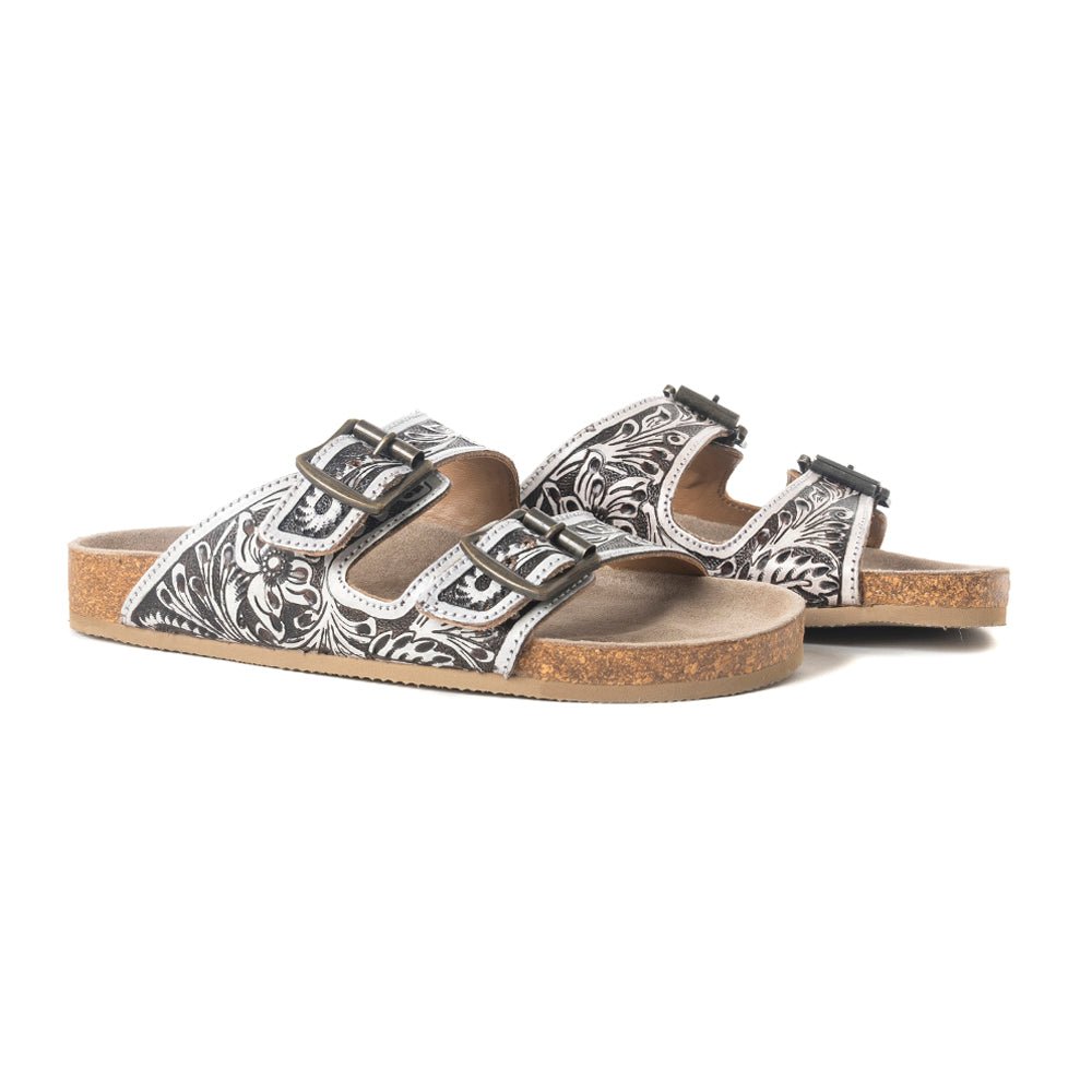 Mesa Scroll Handtooled Sandals in Brown & White - Painted Aces Boutique
