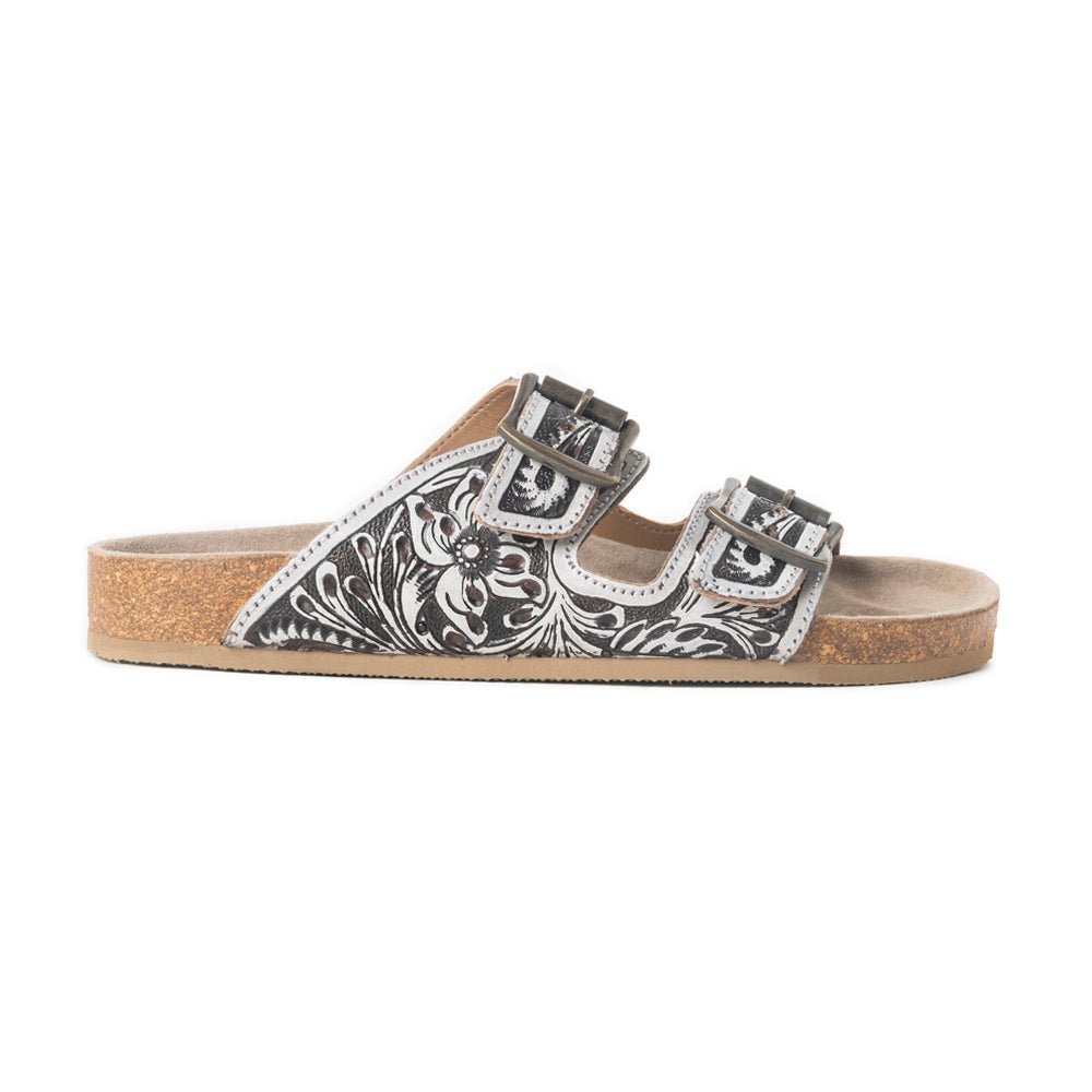 Mesa Scroll Handtooled Sandals in Brown & White - Painted Aces Boutique