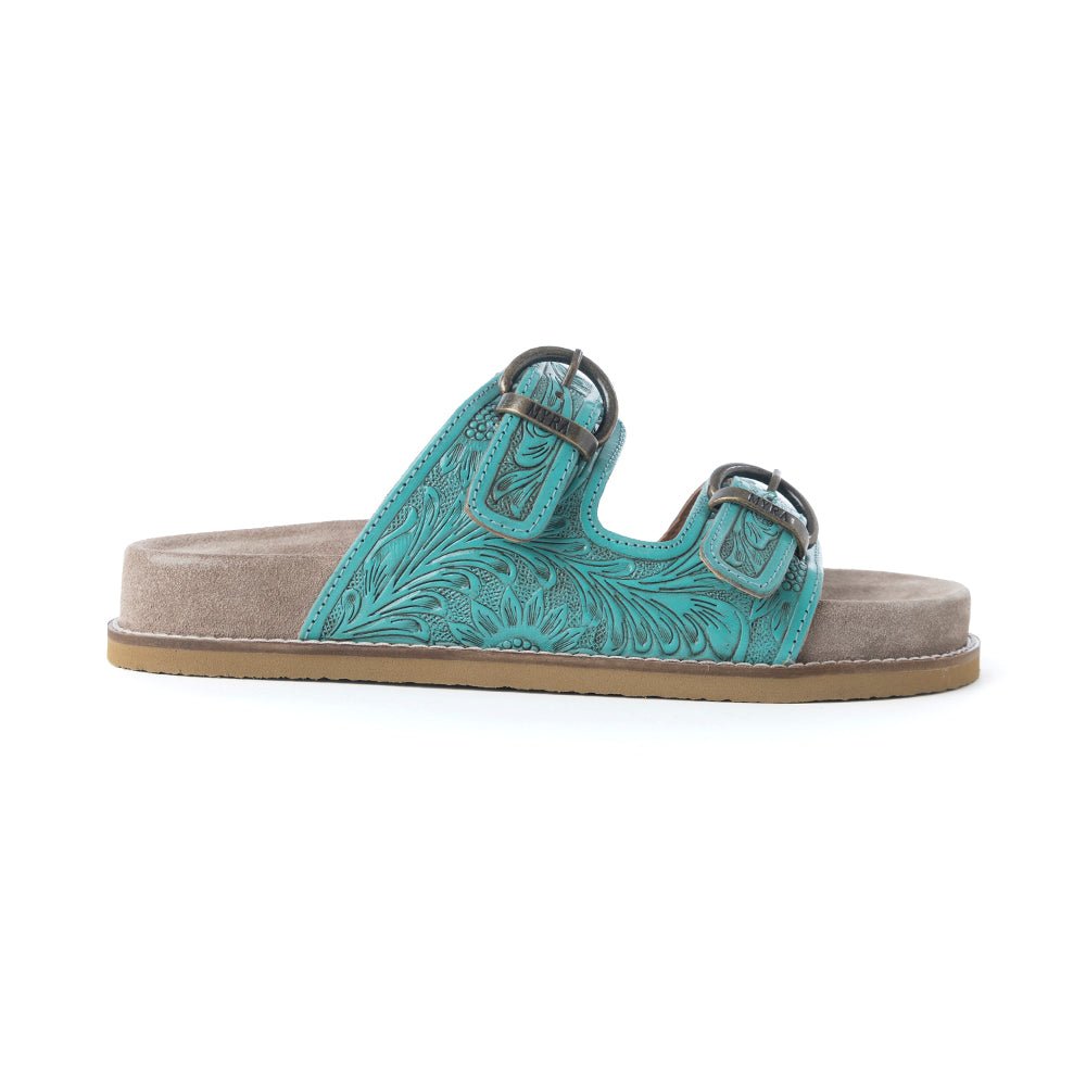 Myra Bluebell Ranch Handtooled Leather Sandals in Alpine Teal - Painted Aces Boutique