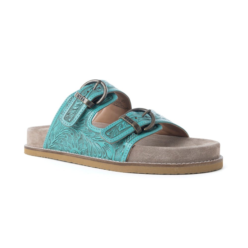 Myra Bluebell Ranch Handtooled Leather Sandals in Alpine Teal - Painted Aces Boutique