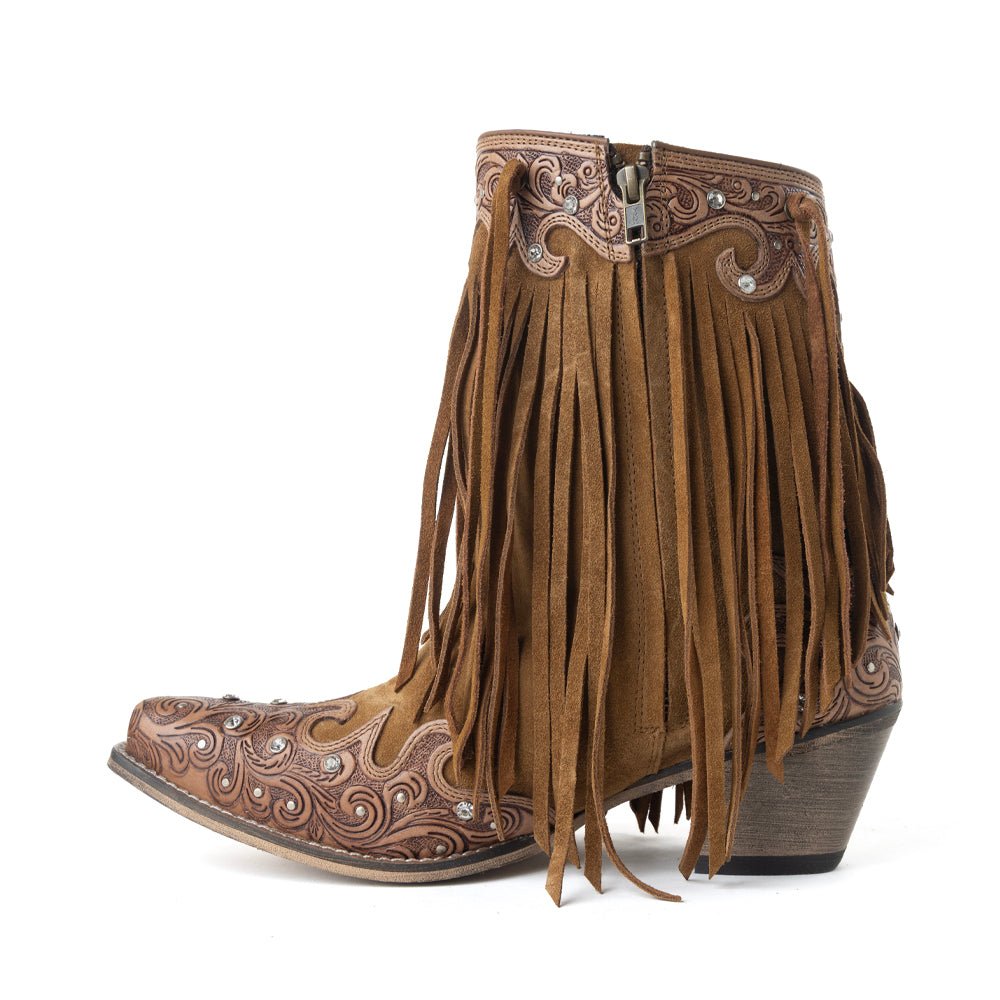 Myra Goldrush Gleam Fringed Handtooled Leather Boots in Dusty Oak - Painted Aces Boutique
