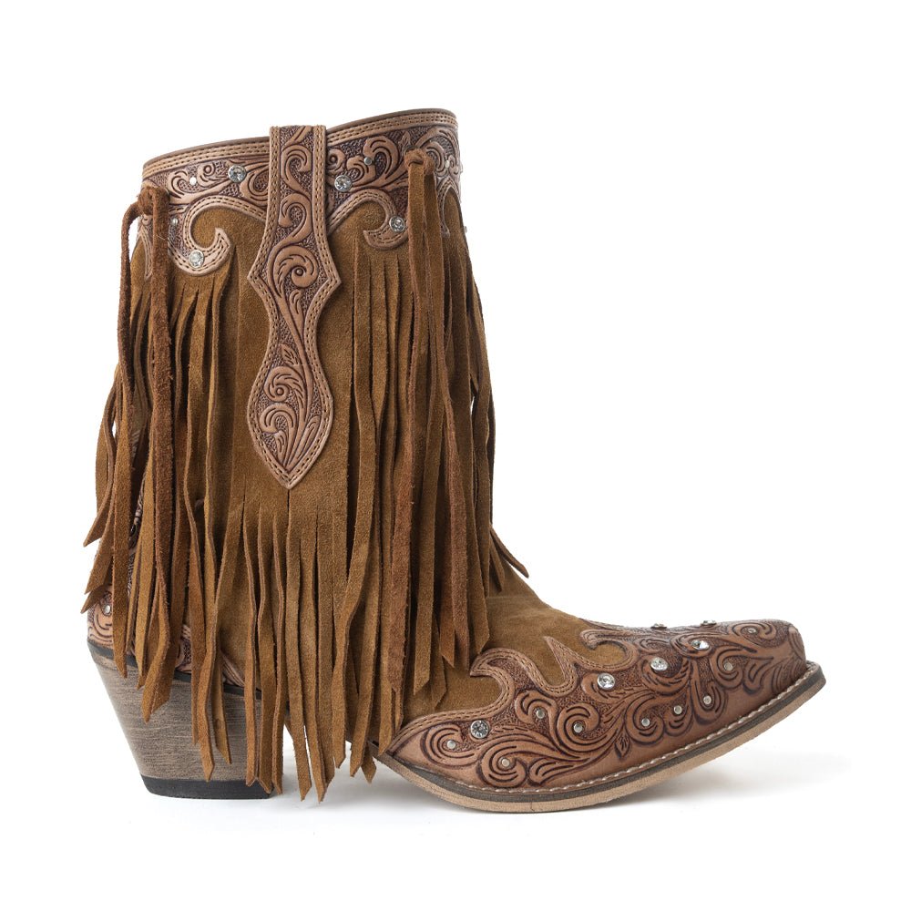 Myra Goldrush Gleam Fringed Handtooled Leather Boots in Dusty Oak - Painted Aces Boutique