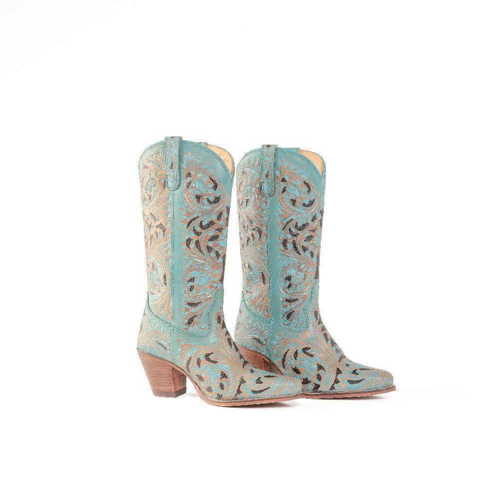 Myra Kasiopeah Cowgirl Leather Boots - Turquoise Western Boots for Women with Pointed Toe Heel - Painted Aces Boutique