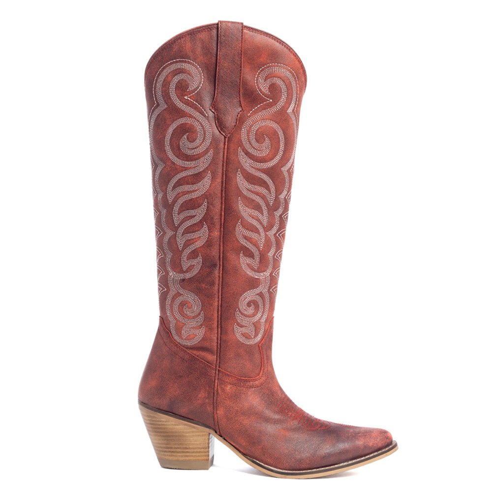 Myra Nalejandra Leather Boots for Women – Western Swirl Stitching, Low Block Heel for Country Style and Everyday Comfort - Painted Aces Boutique