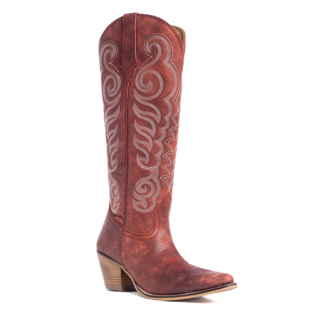 Myra Nalejandra Leather Boots for Women – Western Swirl Stitching, Low Block Heel for Country Style and Everyday Comfort - Painted Aces Boutique