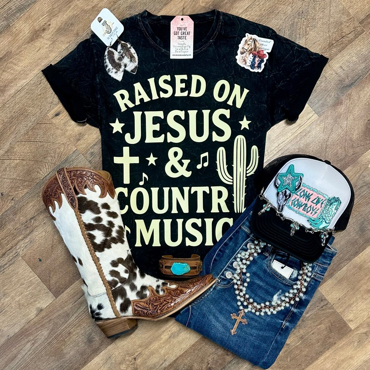 Raised On Jesus & Country Music | Country Concert Graphic T-Shirt - Painted Aces Boutique