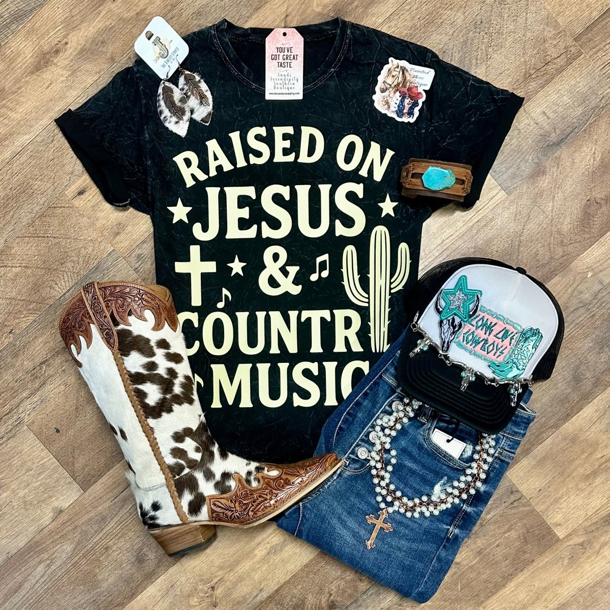 Raised On Jesus & Country Music | Country Concert Graphic T-Shirt - Painted Aces Boutique