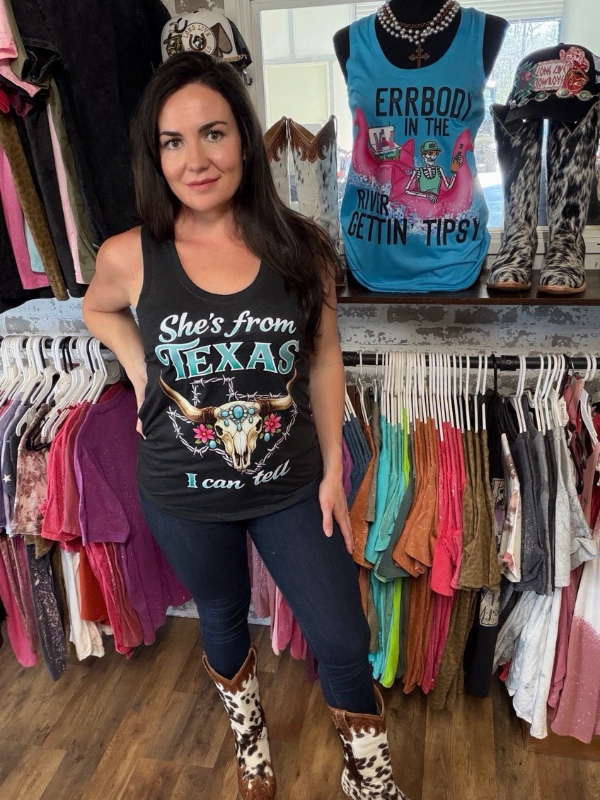 She’s From Texas I Can Tell | Country Graphic Tank Top - Painted Aces Boutique