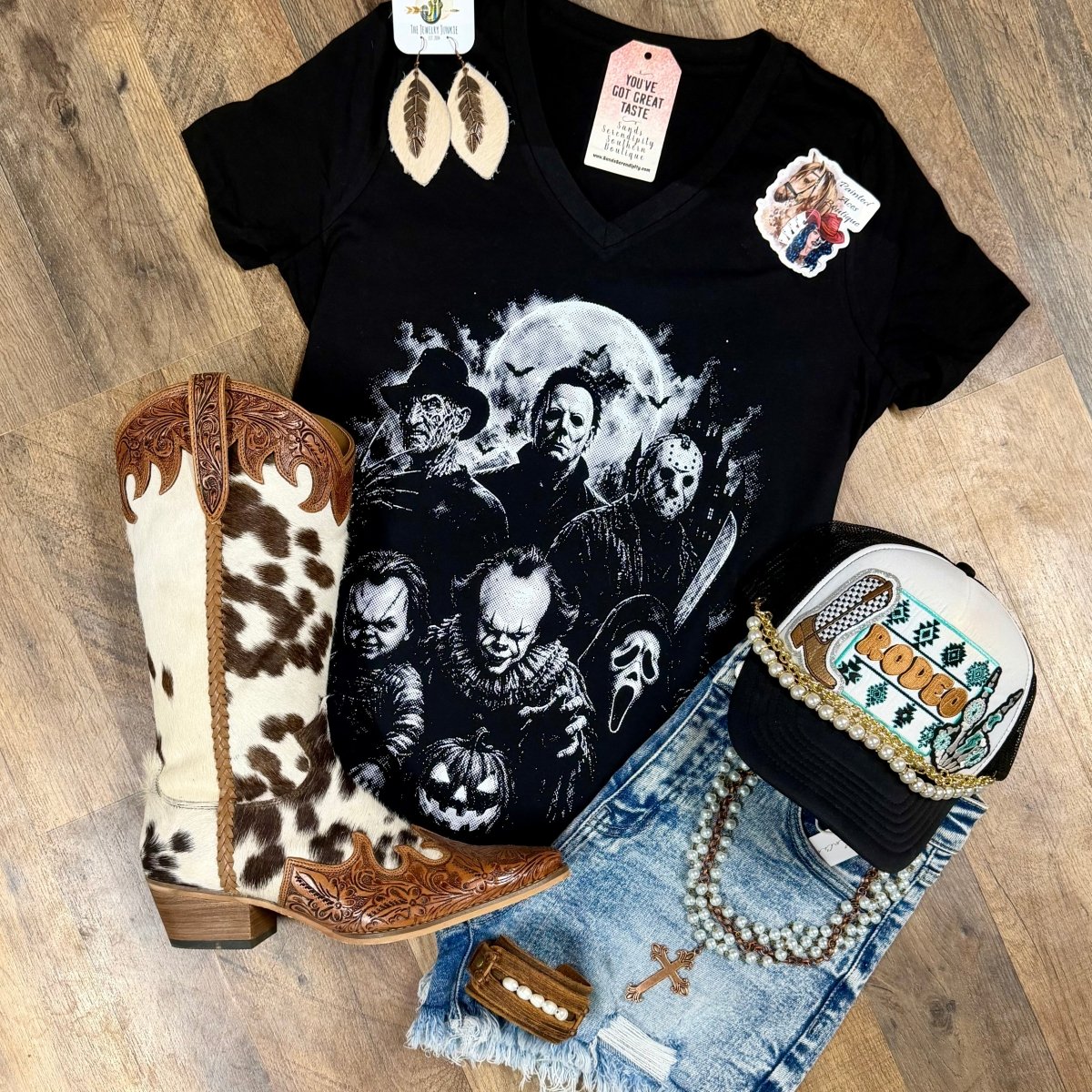 Slasher Squad | Western V-Neck Graphic T-Shirt - Painted Aces Boutique