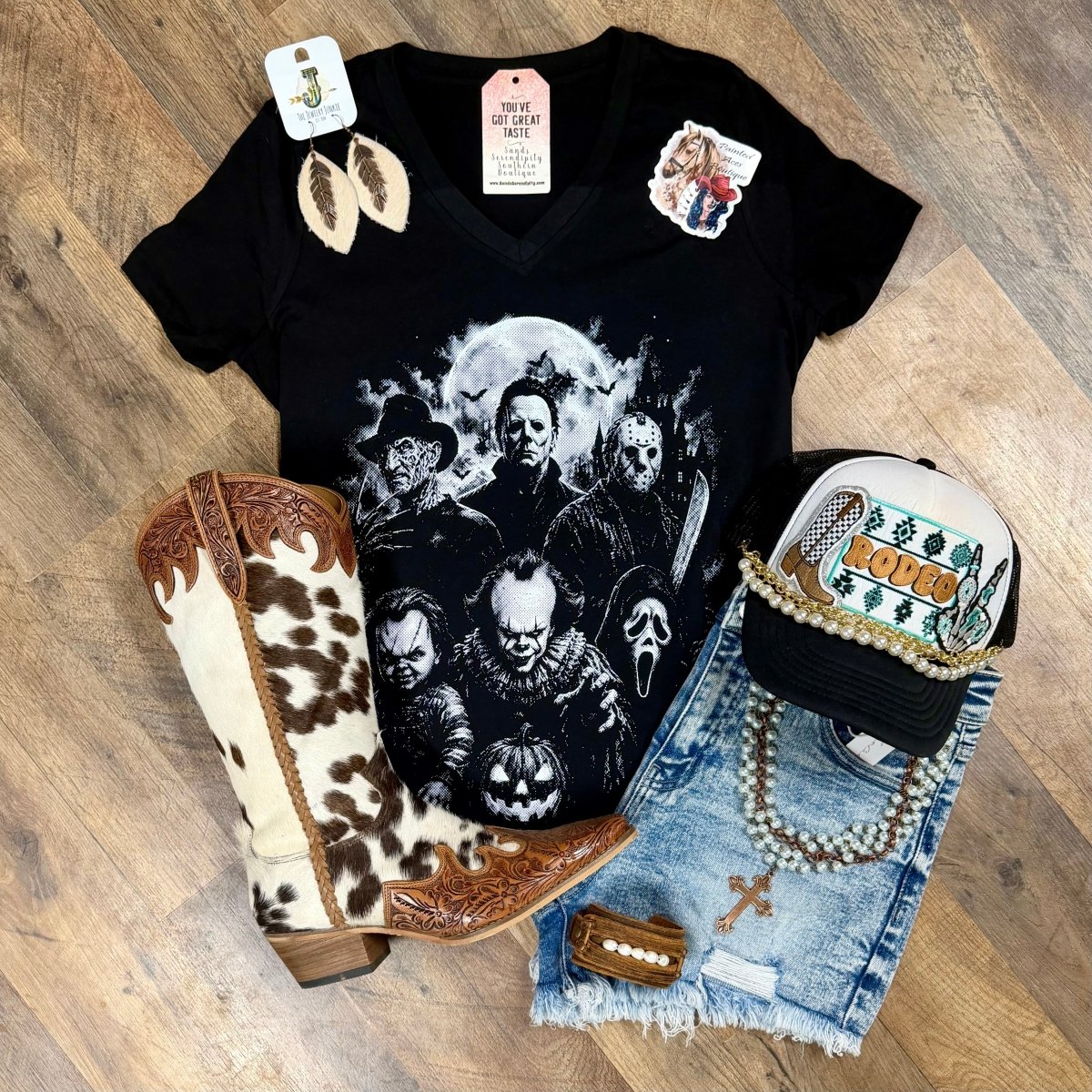 Slasher Squad | Western V-Neck Graphic T-Shirt - Painted Aces Boutique