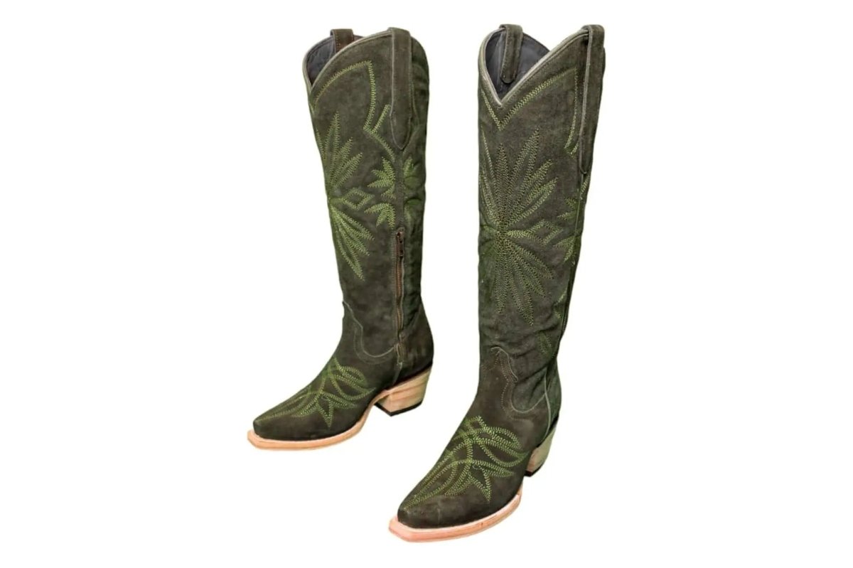 The Lorraine Knee - High Western Boots – Olive Suede - PRESALE - Painted Aces Boutique