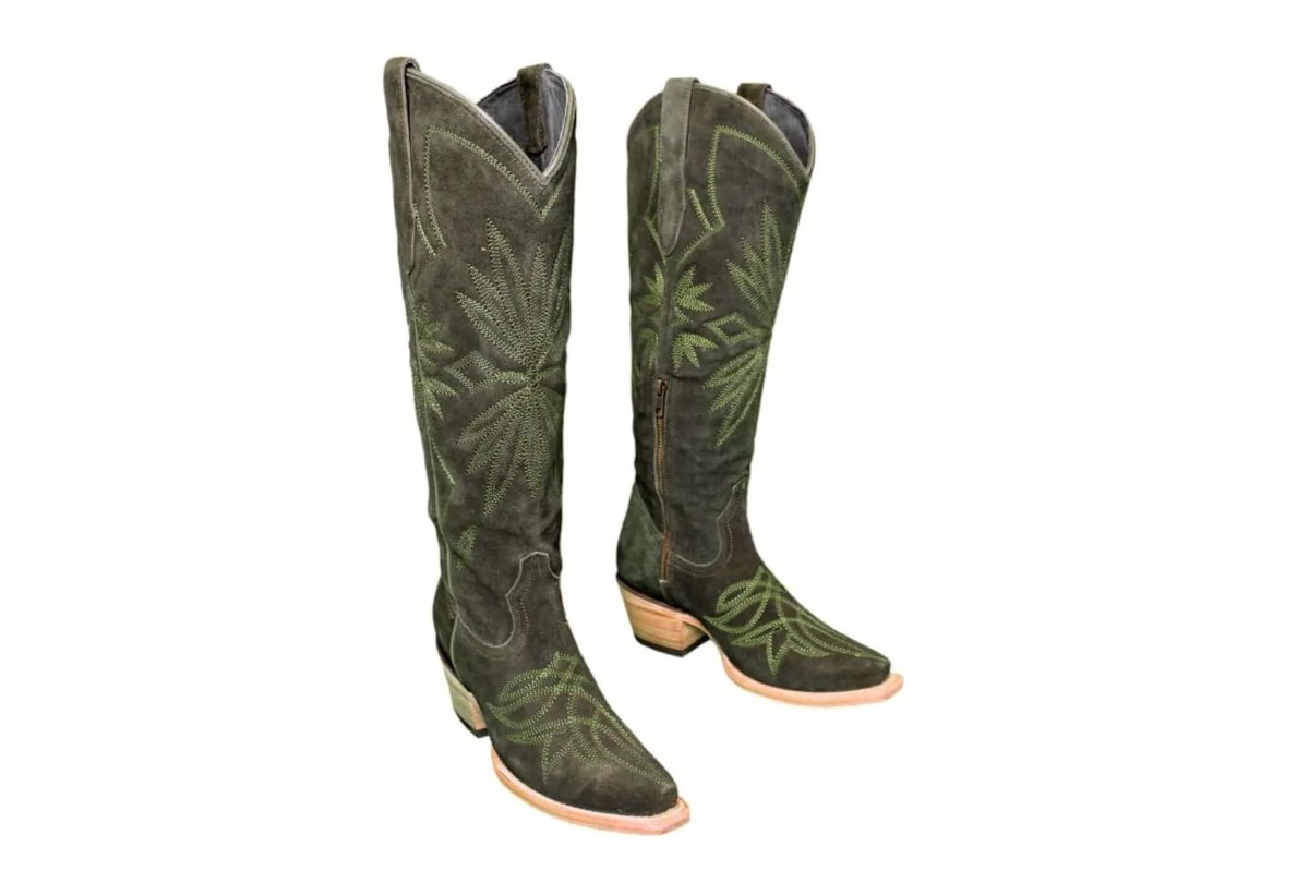 The Lorraine Knee - High Western Boots – Olive Suede - PRESALE - Painted Aces Boutique