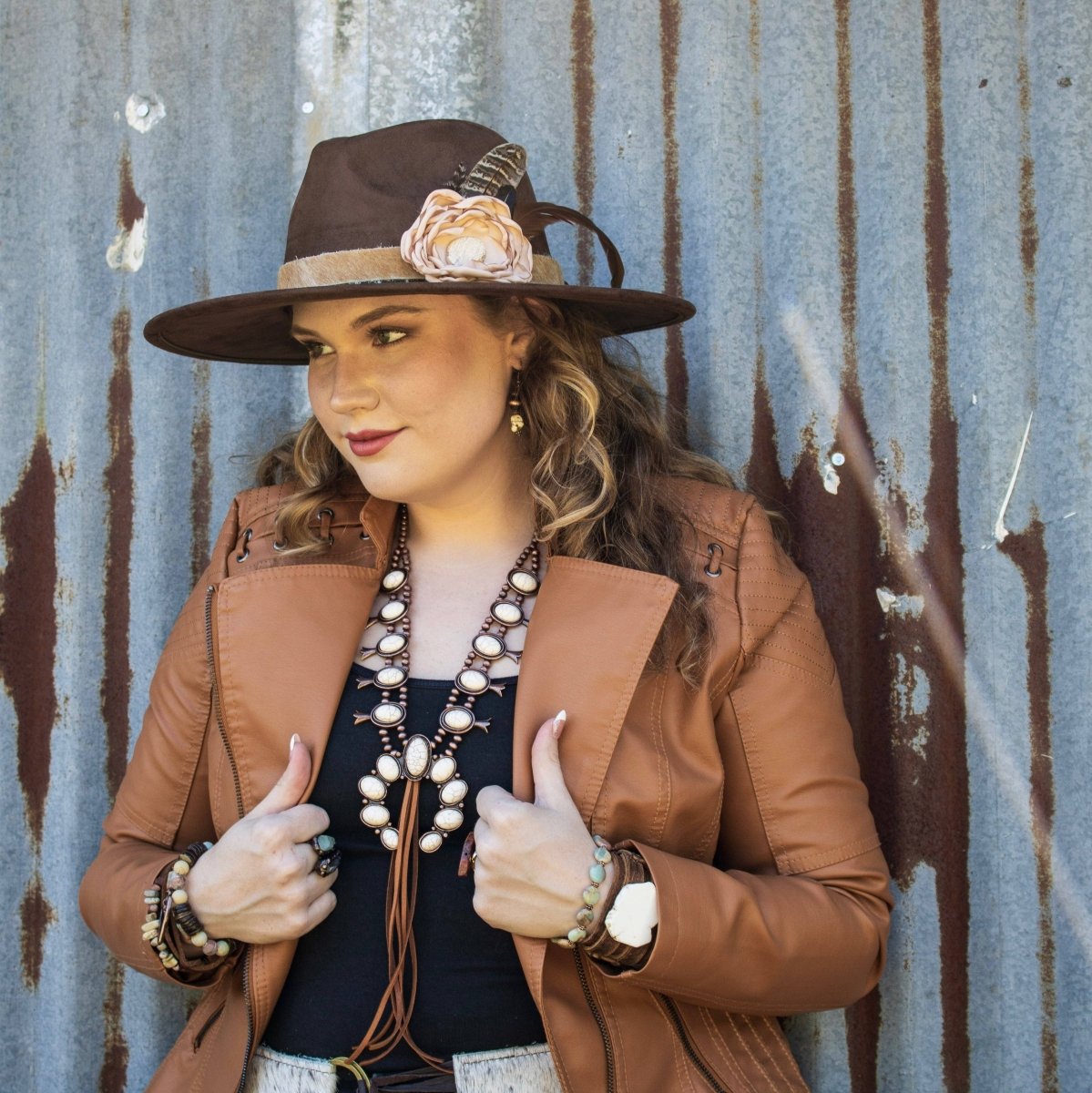 White Turquoise Squash Blossom Necklace w/ Tan Tassel - Painted Aces Boutique
