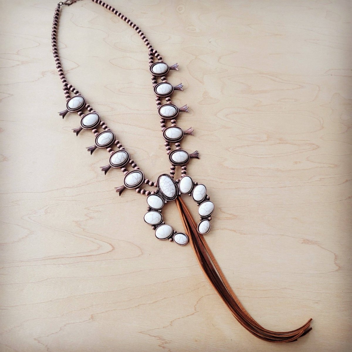 White Turquoise Squash Blossom Necklace w/ Tan Tassel - Painted Aces Boutique