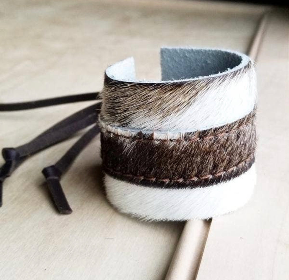 Hair On Hide Brindle Leather Cuff With Adjustable Tie