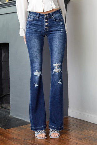 Mid Rise Distressed Button Fly Flare Jean