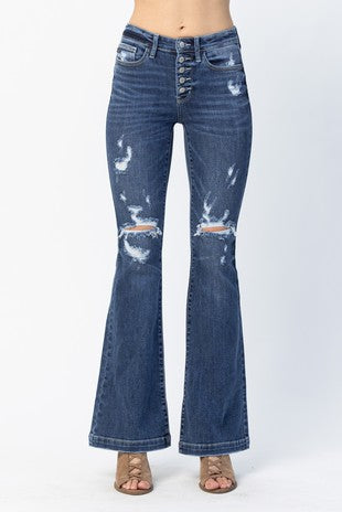 Distressed Hi Rise Button Fly Flare Jean