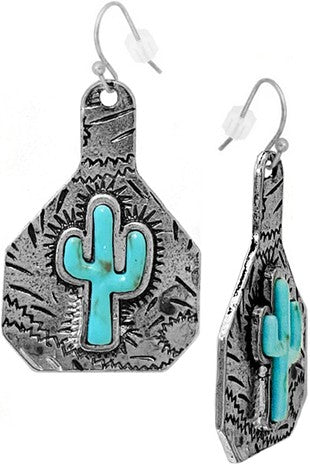 Western Aztec Cattle Tag Earring With Turquoise Cactus - Sands Serendipity Boutique