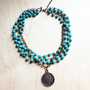 Blue Turquoise and Copper Collar Necklace with Coin - Sands Serendipity Boutique