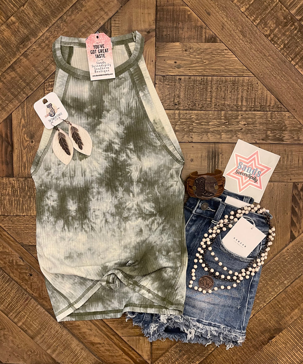 Olive Tie Dye Halter Neck Tank - Sands Serendipity Boutique